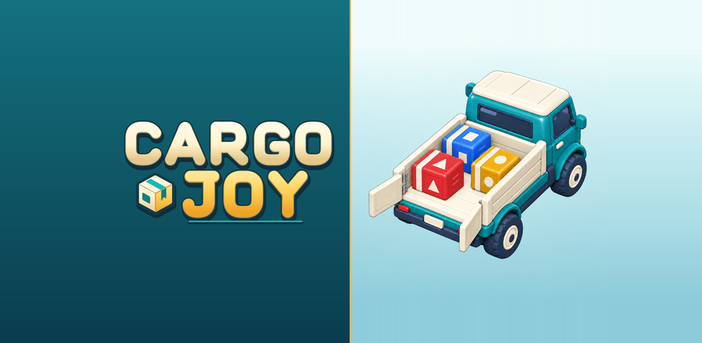 Promotional artwork: Cargo Joy wordmark beside a teal truck carrying red triangle, blue square and yellow circle parcels.