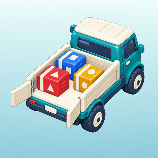 Cargo Joy truck artwork: a cream and teal rear-loading truck with red triangle, blue square and yellow circle parcels.